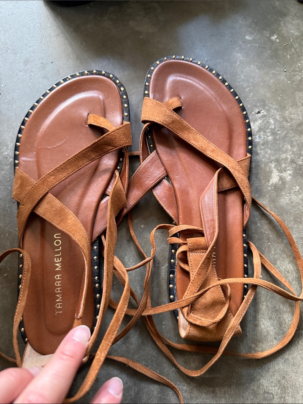 Tamara Mellon Cognac Suede Lace-Up Studded Flat Sandals